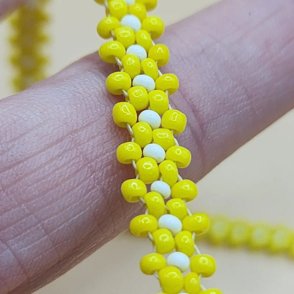 Native American Beaded Flower Necklace Leather Back Handmade Yellow Red Green - Picture 3 of 7